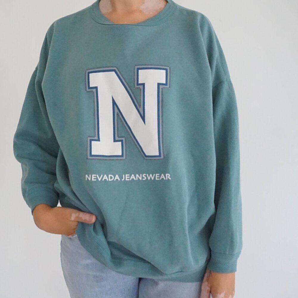 Vintage Nevada Jeanswear Teal Green Crewneck Sweatshirt College N Letter Print M